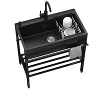 Fregadero de acero inoxidable de 60 x 45 x 86 cm, fregadero de cocina negro para exteriores, fregadero de pie con escurridor y grifo para lavandería, bar, patio, garaje, uso comercial