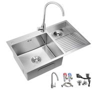 Fregadero de acero inoxidable de doble cuenco con lavabo, práctico para balcón o lavandería, incluye grifo y desagüe, tamaño ideal (80 x 48 x 21 cm)