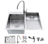 Fregadero de acero inoxidable de doble cuenco con tabla de lavado y grifo, diseño de montaje superior para cocina y balcón, ideal para cuarto de lavado, 70 x 48 x 21 cm