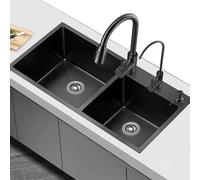 Fregadero de acero inoxidable de doble tazón negro de alta calidad con grifo y accesorios, tamaño grande (82 x 45 x 20 cm) para cocina, duradero, fácil de limpiar, diseño moderno
