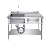 Fregadero de acero inoxidable de pie - Fregadero de cocina de un solo tazón al aire libre con cajón y grifo de agua caliente/fría para garaje, lavandería y uso utilitario