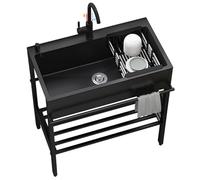 Fregadero de acero inoxidable de pie para lavandería, fregadero de cocina comercial negro, 1 compartimento, fregadero de baño con grifo negro y estantes de almacenamiento 68cmx45cmx85cm