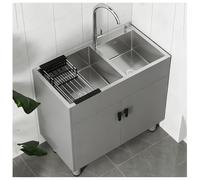 Fregadero de Acero Inoxidable Diseño Doble Cubeta Fregaderos Cocina Gris Laminado Madera Maciza Canal Drenaje en Forma X Patas Ajustables Incluye Tirador para Puerta(31.9x16.9x31.1")