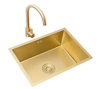 Fregadero de acero inoxidable dorado cepillado, fregadero de cocina cuadrado de un solo tazón con grifo y desagüe, diseño moderno duradero para renovación del hogar