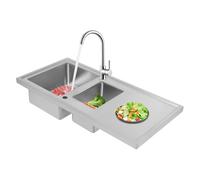Fregadero de acero inoxidable, empotrable, 100 x 50 cm, fregadero de cocina doble, 1 plato, fregadero de cocina con tubos de drenaje y cestas colador, color plateado, rectangular