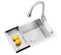 Fregadero De Acero Inoxidable, Grande, De Una Sola Ranura, Lado Izquierdo/Derecho, Hecho A Mano, De 304 Mm De Espesor, Cepillado, con Grifo Extraíble.,Silver-71 * 38 * 22cm