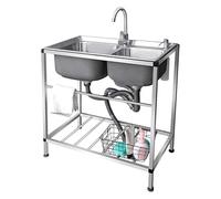 Fregadero de acero inoxidable independiente para restaurantes, fregadero industrial de garaje de 2 compartimentos con grifo de agua fría y caliente, perfecto para uso en interiores y exteriores