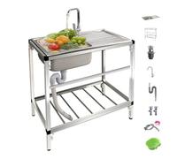 Fregadero de acero inoxidable para cocina de restaurante, independiente, para uso en exteriores, de un solo recipiente, portátil, para lavarse las manos, para jardín, con banco de trabajo y estibador.