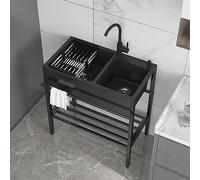 Fregadero de acero inoxidable portátil de doble cuenco para cocina y lavandería, con grifo, diseño simple comercial, estante de almacenamiento para balcón al aire libre, restaurante, color negro