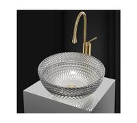 Fregadero de baño artístico de vidrio con grifo dorado y drenaje emergente, lavabo redondo sobre el mostrador