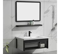 Fregadero de baño compacto con armario montado en la pared, incluye espejo, moderno lavabo combinado elegante para espacios pequeños