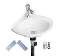 Fregadero de baño pequeño para montaje en pared, lavabo triangular sin taladro, autoadhesivo, 12 x 12 pulgadas con agujero para grifo de 1.26 pulgadas, mini fregadero de plástico para el hogar