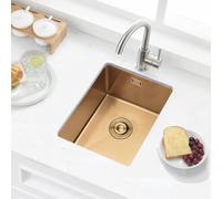 Fregadero de Barra Acero Inoxidable, Bajo Encimera de 35 x 45 cm, Pequeño Fregadero de Barra Húmeda, Minilavabo de Cocina para Exteriores, para RV, con Rebosadero, Rejilla Enrollable y Sifón, Oro