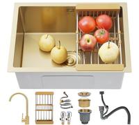 Fregadero de barra de acero inoxidable cepillado con base en oro, estación de trabajo de un solo tazón para cocinas pequeñas, fregadero de preparación de acero inoxidable con accesorios dorados, ideal
