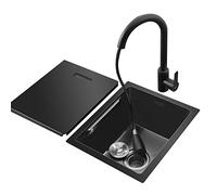 Fregadero De Barra Negro con Tapa Fregadero De Una Cubeta Fregadero De Encastre Fregadero Bajo Encimera Grifo Extraíble Accesorios Completos (S : 38x30x21.5cm)