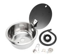 Fregadero de barra para RV, fregadero de cocina redondo de acero inoxidable de un solo tazón con tapa de vidrio templado, orificio de drenaje de 40 mm para barco, caravana,