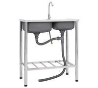Fregadero de camping de acero inoxidable con doble lavabo, grifo y escurridor, fregadero extraprofundo para sartenes grandes, resistente a arañazos y golpes, repele la suciedad, fácil de limpiar