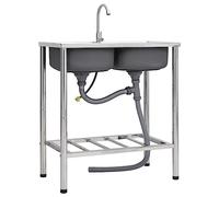Fregadero de camping de acero inoxidable con doble lavabo, grifo y escurridor - Fregadero extraprofundo para sartenes grandes, resistente a arañazos y golpes, resistente a las manchas, fácil de