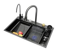 Fregadero de cascada de acero 304 sin interior, 80 x 45 x 21 cm, cuadrado S, diseño de 5 agujeros, drenaje derecho, cepillado para cocinas modernas
