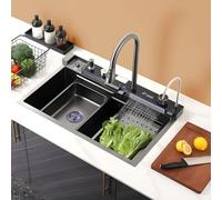 Fregadero de cascada de acero inoxidable 304, diseño de un solo cuenco con colador de cesta, instalación de 2 agujeros, incluye accesorios, multifuncional, 75 x 45 x 22 cm