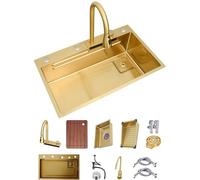 Fregadero de cascada de acero inoxidable dorado versátil de un solo tazón para cocina, estación de trabajo, grifo extraíble y juego completo de accesorios de doble montaje (color: dorado, tamaño 80 x