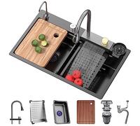 Fregadero de cascada de acero inoxidable fregadero de barra de un solo tazón conjunto de fregadero de cocina fregadero de estación de trabajo nanorrecubierto con grifo extraíble