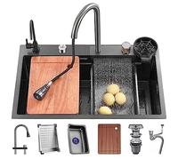 Fregadero de Cascada de Cocina de Acero Inoxidable con Acabado Negro Mate Fregadero de Bar para el hogar Fregadero de estación de Trabajo con Grifo extraíble y arandela de Tazas fácil de Limpiar