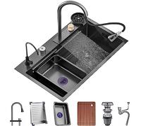 Fregadero de cascada de un solo tazón fregadero de cocina de acero inoxidable fregadero de estación de trabajo con nano revestimiento con grifo extraíble y arandela de taza