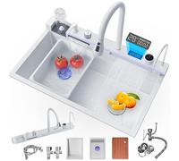 Fregadero de cascada digital inteligente blanco de 80 cm, fregadero de cocina moderno de acero inoxidable 304 con 5 modos de salida, grifo extraíble y juego completo de accesorios para cocinas