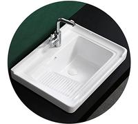 Fregadero De Cerámica Blanca Fregadero De Baño De Una Sola Cubeta con Balcón Tina De Lavado Cuadrada Semiempotrada con Tabla De Lavar Fácil De Limpiar (Color : Blanco, S : 62x48cm)