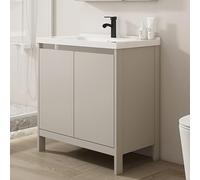 Fregadero de cerámica con gabinete, lavabo blanco con desbordamiento, grifo de agua fría y caliente, ideal para cocina, baño, restaurante, agricultura, lavandería (61 cm)