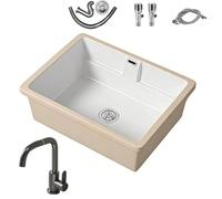 Fregadero de Cerámica, con tabla de lavar de madera extraíble, Grifo, Válvula Angular y Desagüe, para Aseos y, regadero de Lavandería Empotrable para Balcones y Baños(500mm/16.7in)