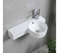 Fregadero de cerámica montado en la pared, lavabo de baño con grifo, diseño pequeño que ahorra espacio para lavandería, medio baño, guardarropa, fácil instalación