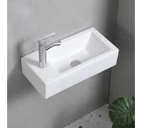 Fregadero de cerámica montado en la pared, lavabo de baño con grifo, diseño pequeño que ahorra espacio para lavandería, medio baño, guardarropa, fácil instalación