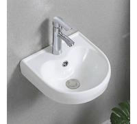 Fregadero de cerámica montado en la pared, lavabo de baño con grifo, diseño pequeño que ahorra espacio para lavandería, medio baño, guardarropa, fácil instalación