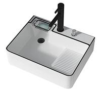 Fregadero De Cerámica para Encimera De Baño Rectangular con Tabla De Lavar, Grifo Y Desagüe Emergente - Arte De Lavandería