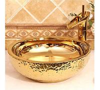 Fregadero de cerámica redondo dorado sobre encimera para baño o bistró al aire libre, elegante lavabo artístico para lavabo