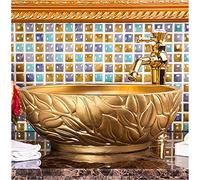 Fregadero de cerámica redondo dorado sobre encimera para baño o bistró al aire libre, elegante lavabo artístico para lavabo