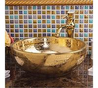 Fregadero de cerámica redondo dorado sobre encimera para baño o bistró al aire libre, elegante lavabo artístico para lavabo
