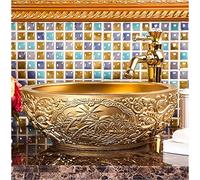 Fregadero de cerámica redondo dorado sobre encimera para baño o bistró al aire libre, elegante lavabo artístico para lavabo
