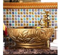 Fregadero de cerámica redondo dorado sobre encimera para baño o bistró al aire libre, elegante lavabo artístico para lavabo