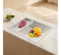 Fregadero de cocina 60 x 44 cm, empotrable con desagüe 1 cuenco, cepillado rectangular (plata)