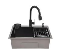 Fregadero de cocina, 60 x 45 cm, color negro y acero inoxidable | Fregadero con grifo extraíble, nano-revestimiento, 20 cm de profundidad, para empotrar