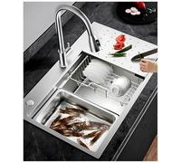 Fregadero de Cocina 80x50cm de Acero Inoxidable 304, Con 3 Agujeros de Montaje (35mm), Tubo de Desagüe Sifón, Cesta de Drenaje, Tabla de Cortar, Pequeña Cuenca, Filtro, Lavabo Bajo/Sobre Encimera