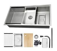 Fregadero de Cocina 90x50cm Acero Inoxidable 304, Kit Completo con Sifón y Drenaje, Escurridor, Tabla de Cortar, Cubeta Pequeña, Filtro Extra Grande, Resistente a Arañazos, Lavabo Bajo/Sobre Encimera