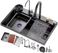 Fregadero de Cocina a Cascada Negro en Acero Inoxidable de Vasca Única Grande (68x45x22cm) - Grifo a Cascada Integrado con Lavacopas y Dispensador de Jabón, Fregadero Resistente para Cocinas Caseras M