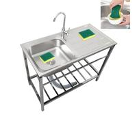 Fregadero de cocina al aire libre con grifo de soporte de acero inoxidable y estantes Sto de grado comercial para apartamentos, sótanos, tiendas, fácil de limpiar (75 x 40 x 75 cm)