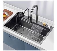 Fregadero De Cocina Artesanal De Acero Inoxidable 304 Fregadero De Barra De Cascada Multifuncional Fregadero Nano RV Negro con Grifo Extraíble Y Lavadora De Taza (Color : Black, S : 68x45x22cm)