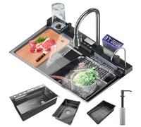 Fregadero de cocina cascada 75 x 46 cm, fregadero multifunción con indicador de temperatura, fregaderos de cocina de acero inoxidable, grifo extensible y accesorios, para bares, balcones, cocinas