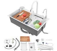 Fregadero de cocina cascada de acero inoxidable, 80 x 46 cm, 1 seno, multifunción, con grifo extraíble, juego completo de accesorios (blanco, 80 x 46 x 22 cm)